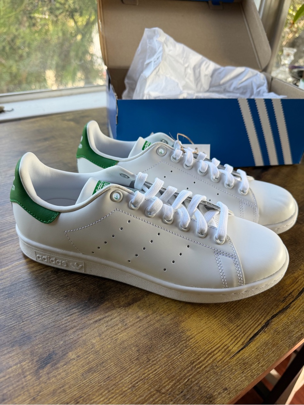 adidas White Leather Sneakers with Green Heel Patch